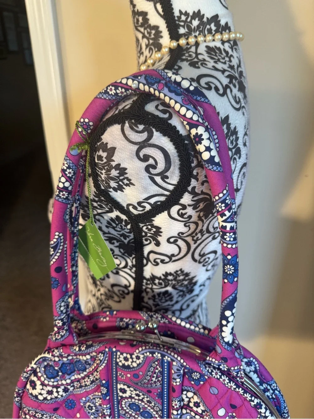 Vera Bradley Quilted Paisley Dome Kiss Lock Tote in Fuchsia and Blue NWT